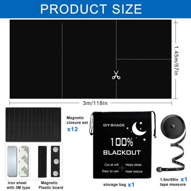 BirdNest 100% Blackout Blind Magnetic Window Cover 118 x 57Inch,No Drill,Cut Any Size/Shape,Portable Black Out Shades Curtains for Nursery Bedroom,Rv,Media Room with Magnetic Closure - Image 2